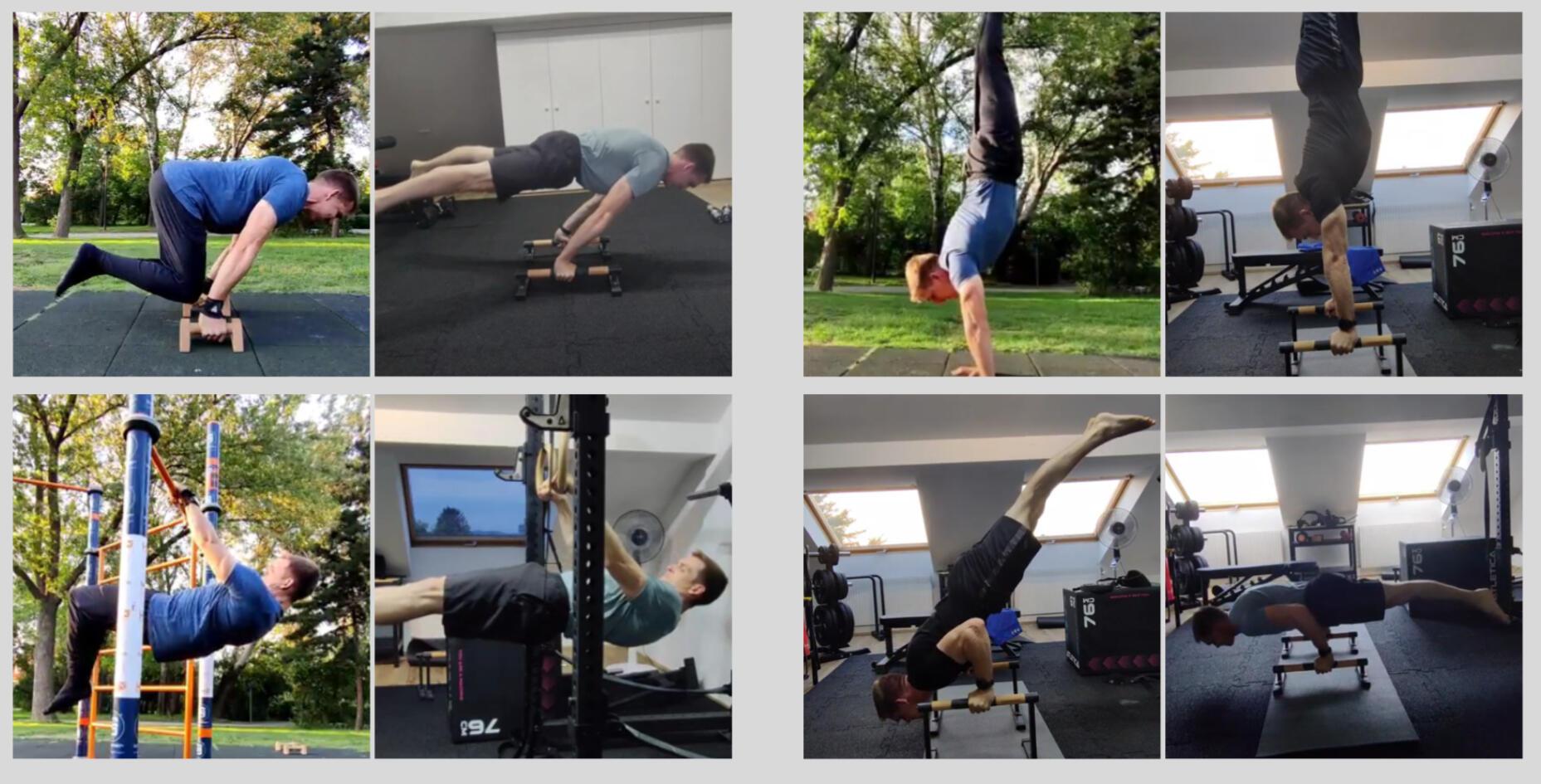 Galerie Progress Desktop Christoph Fortschritt der letzten Jahre in mehreren Bildern, von Planche über Frontlever bis Handstand